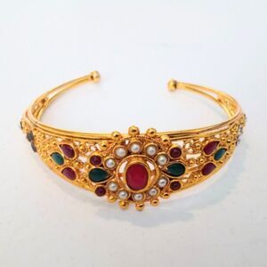 Eastern Inspired Gold Tone Rhinestone and Faux Pearl Cuff Bracelet